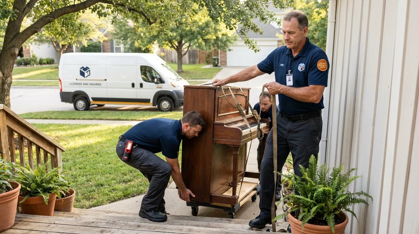 Licensed piano movers securing grand piano in Wimauma, FL