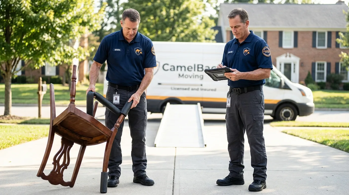 Movers inspecting furniture for damage prevention before loading in Wimauma, FL